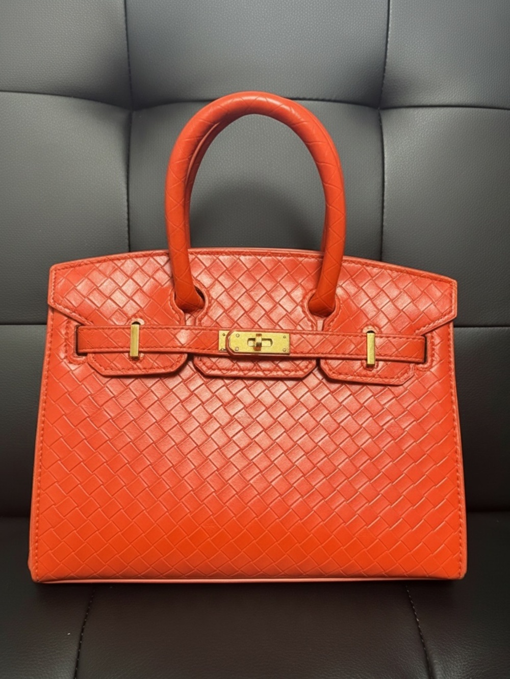 Woven Coral Orange Satchel, Top Handle with Gold Hardware